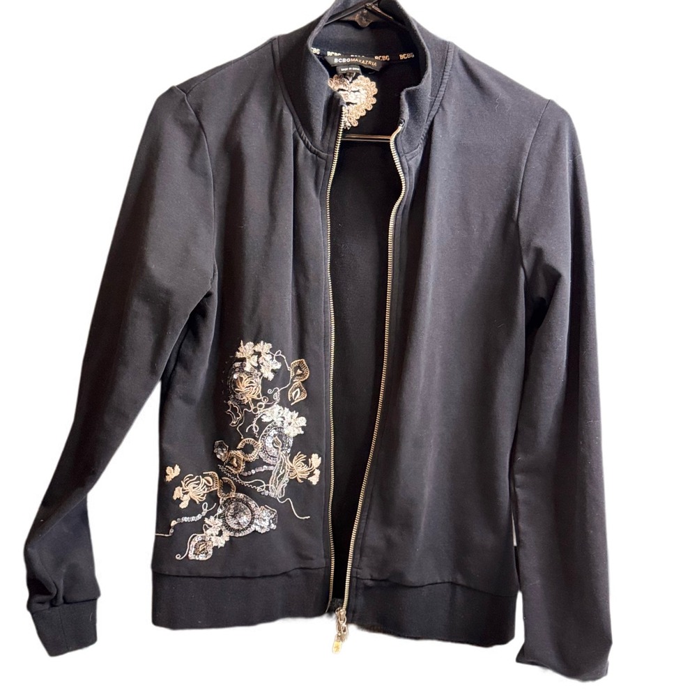 BCBGMAXAZRIA Embellished Jacket Full Zip Black with Gold Sequins Accents Strech